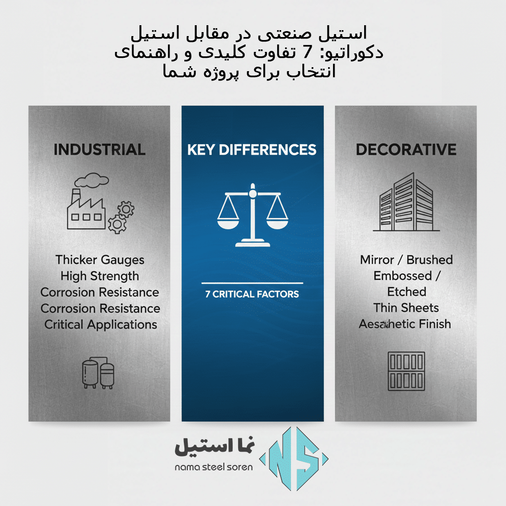 استیل صنعتی در مقابل استیل دکوراتیو: ۷ تفاوت کلیدی و راهنمای انتخاب برای پروژه شما